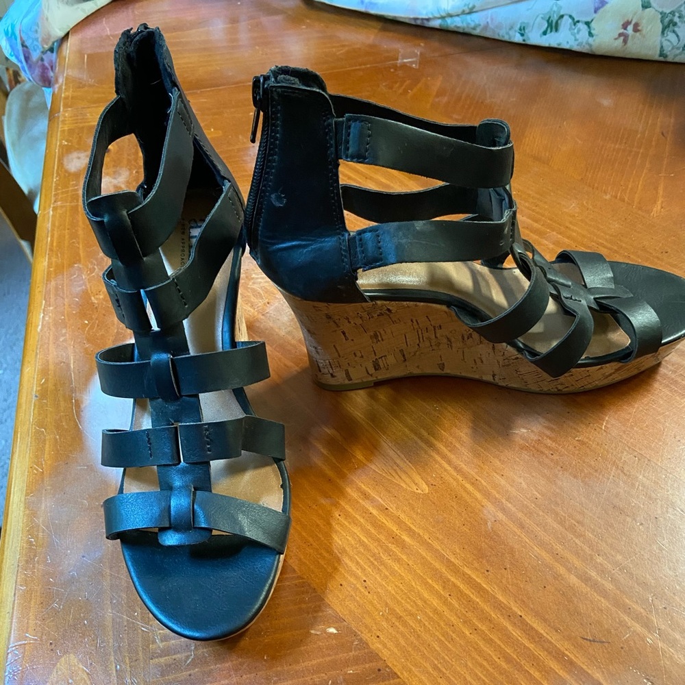 A.N.A black zip up back sandal with 3” chunk heel